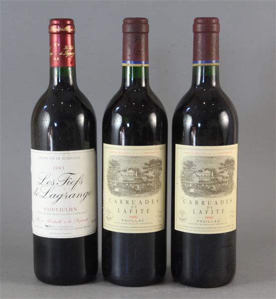 Two bottles of Carruades De Lafite, Pauillac, 1990 and one bottle of Les Fiefs de Lagrange, 1993.